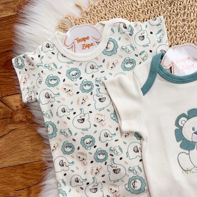 Conj. de Malha 3 peças-  Leãozinho e Safari - Off White e Verde Menta